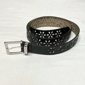 Faux Leather Daisy Cut Out Black Belt 2X Silver Metallic Buckle Boho Western